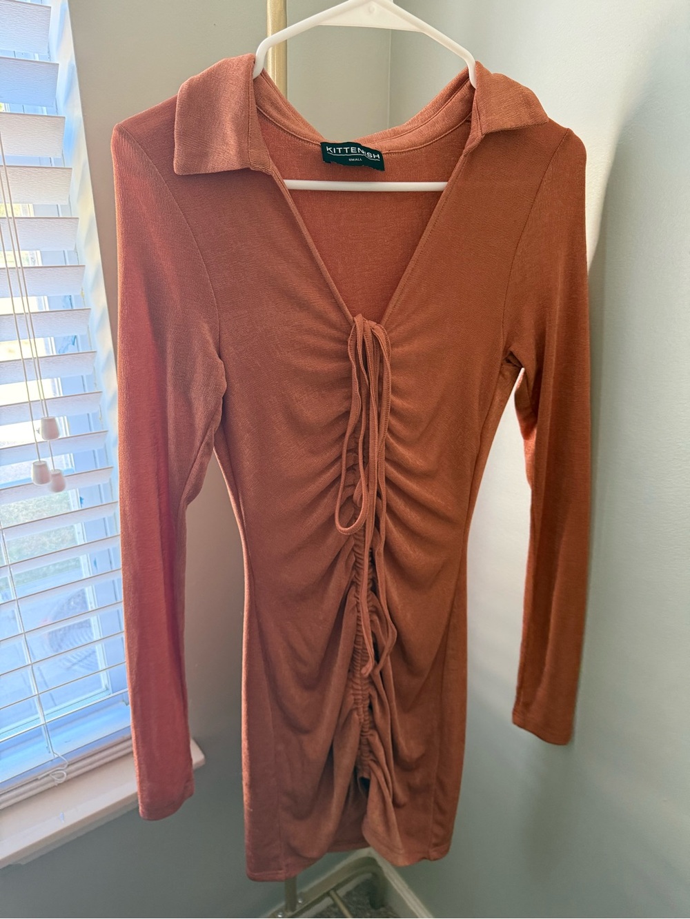 Kittenish Rust Collared Ruched Front Long Sleeve Dress